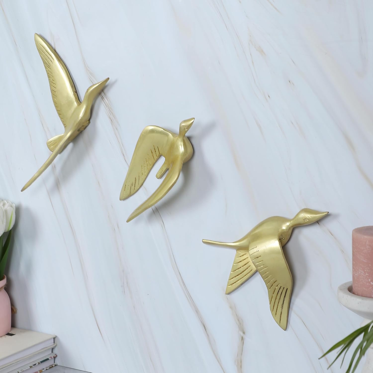 Set of three brass flying bird wall décor pieces with engraved feather details-ArtyCraftz.com