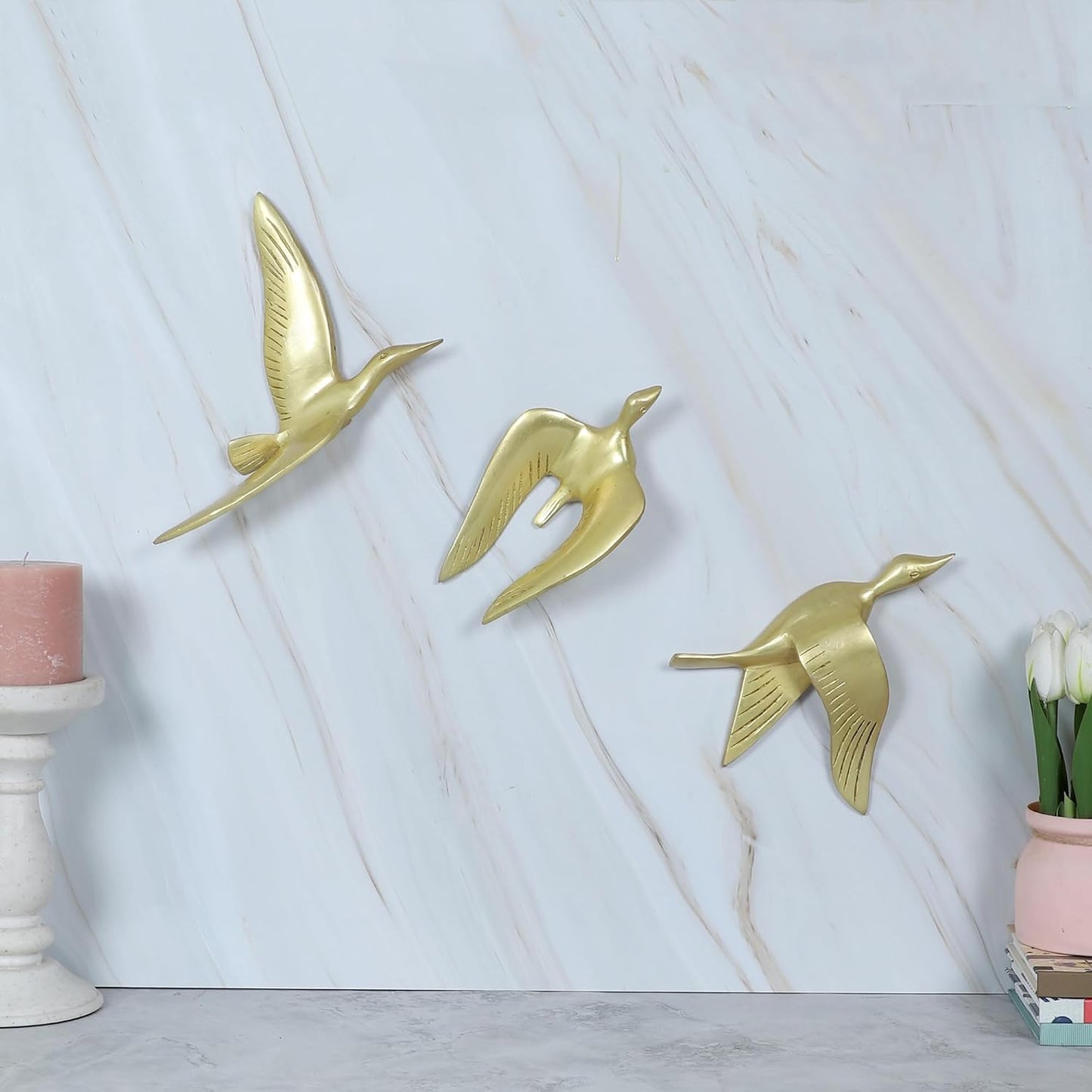 Set of three brass flying bird wall décor pieces with engraved feather details-ArtyCraftz.com