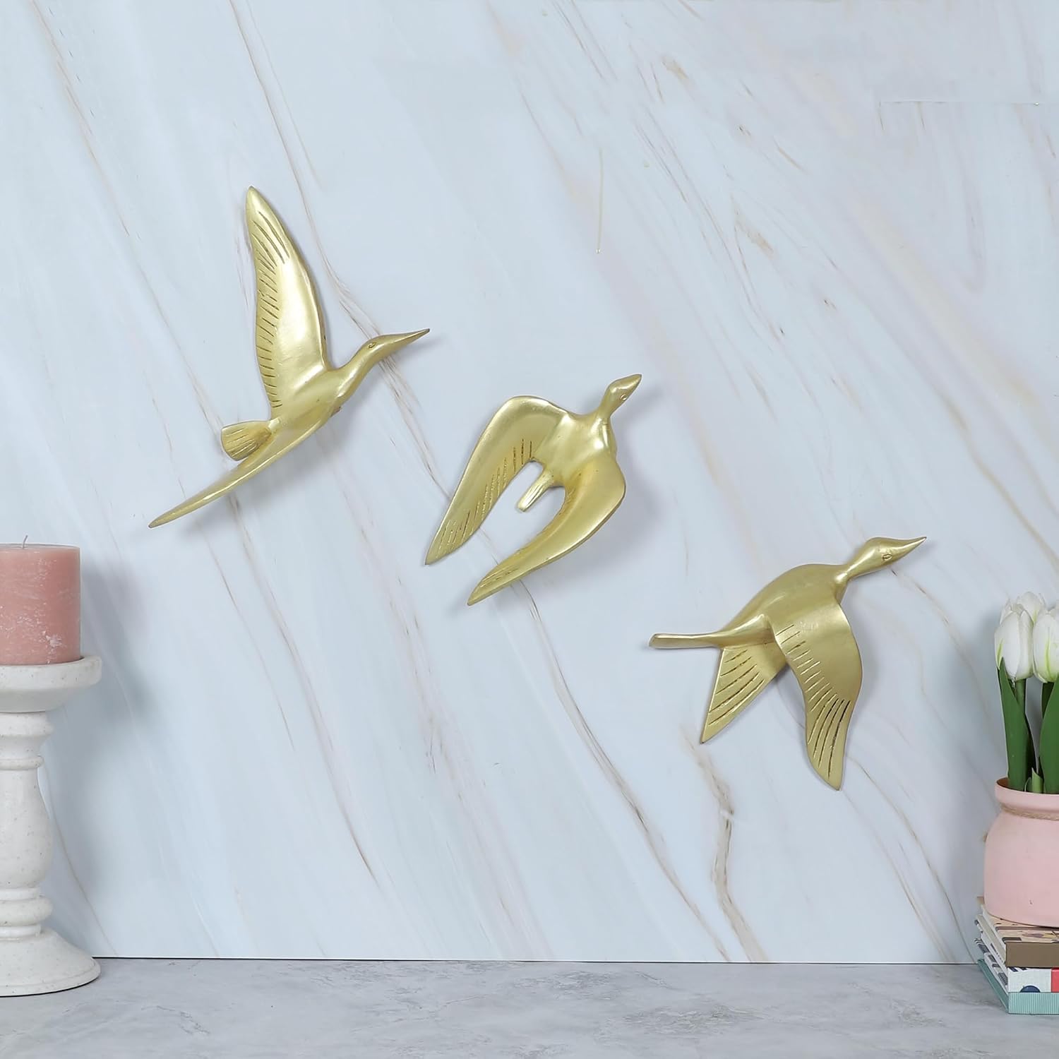 Set of three brass flying bird wall décor pieces with engraved feather details-ArtyCraftz.com