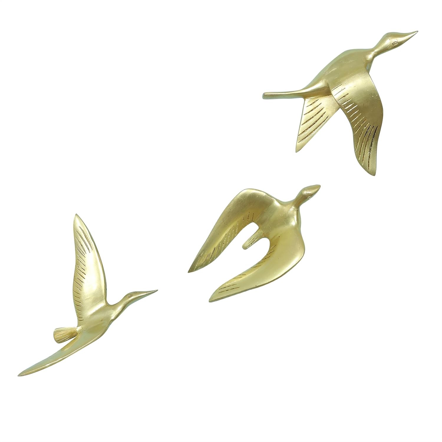 Set of three brass flying bird wall décor pieces with engraved feather details-ArtyCraftz.com