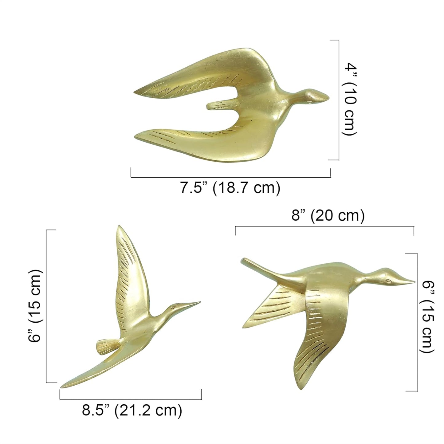Set of three brass flying bird wall décor pieces with engraved feather details-ArtyCraftz.com