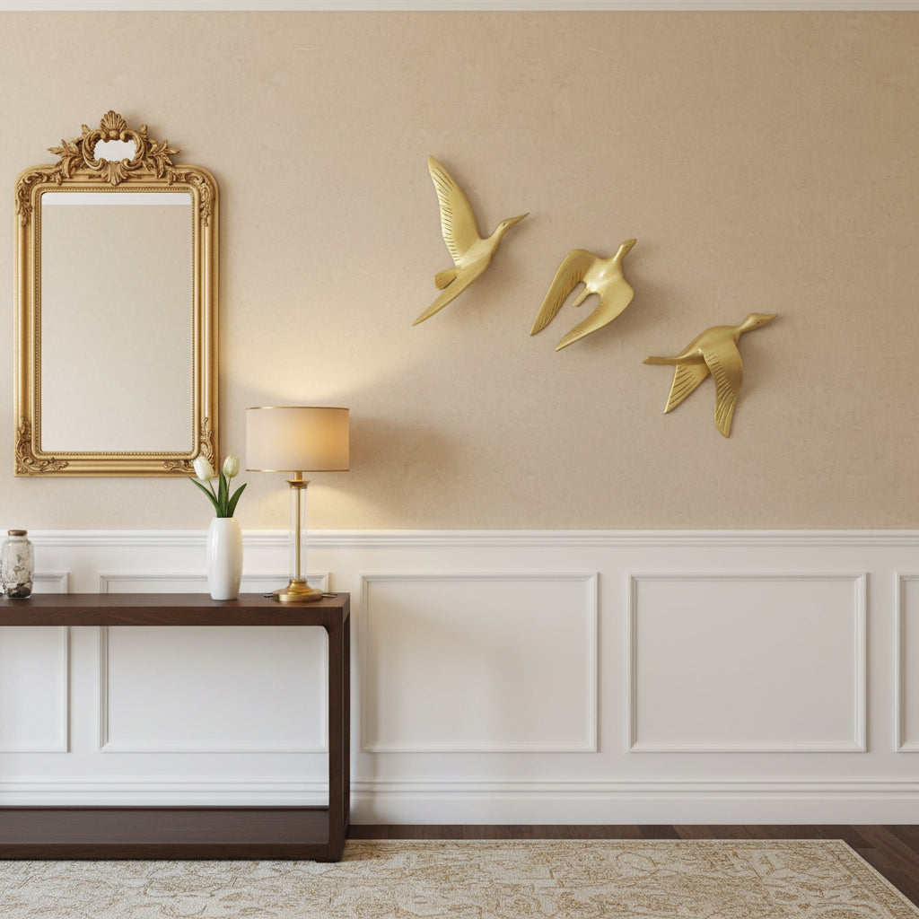 Set of three brass flying bird wall décor pieces with engraved feather details-ArtyCraftz.com