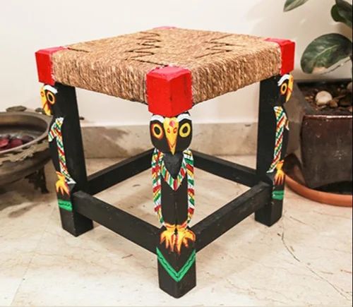 Sheesham Wood Chowki Stool with Coir Woven Seat and Colorful Owl Designs-artycraftz.com