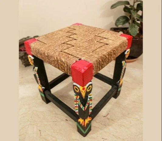 Sheesham Wood Chowki Stool with Coir Woven Seat and Colorful Owl Designs-artycraftz.com