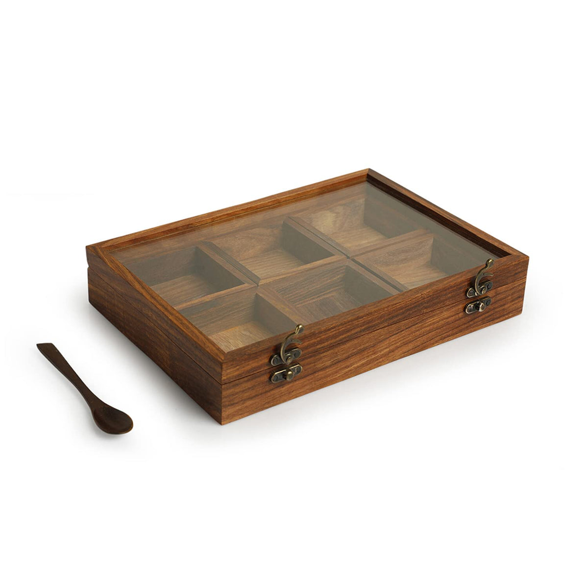 Sheesham Wooden 6 Spice Box for Kitchen with Spoon-ArtyCraftz.com