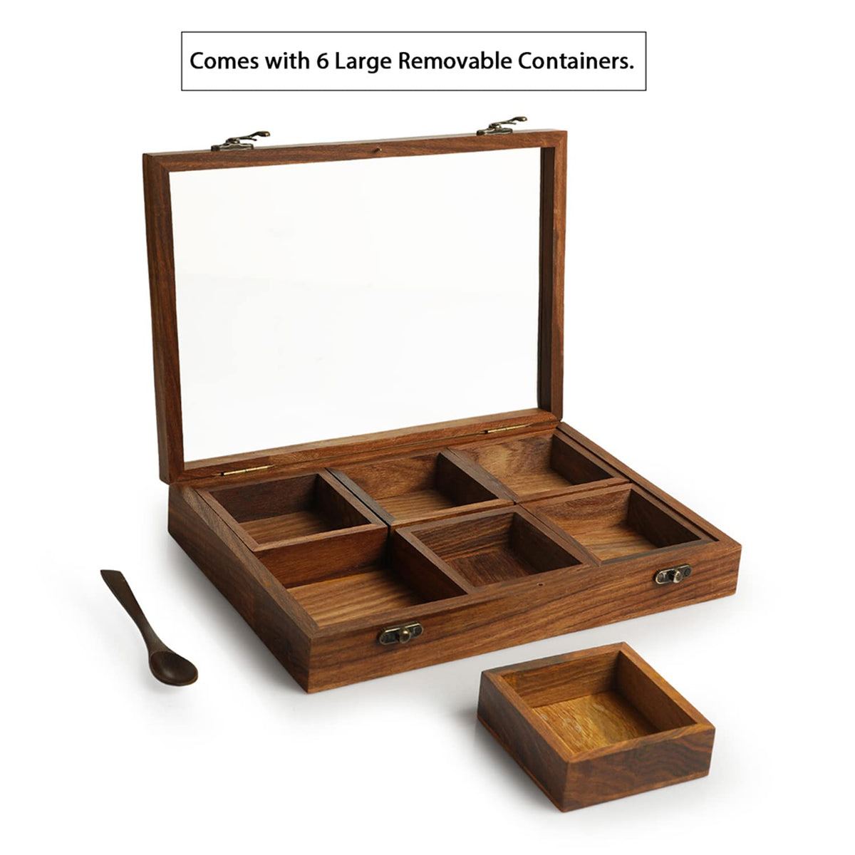 Sheesham Wooden 6 Spice Box for Kitchen with Spoon-ArtyCraftz.com