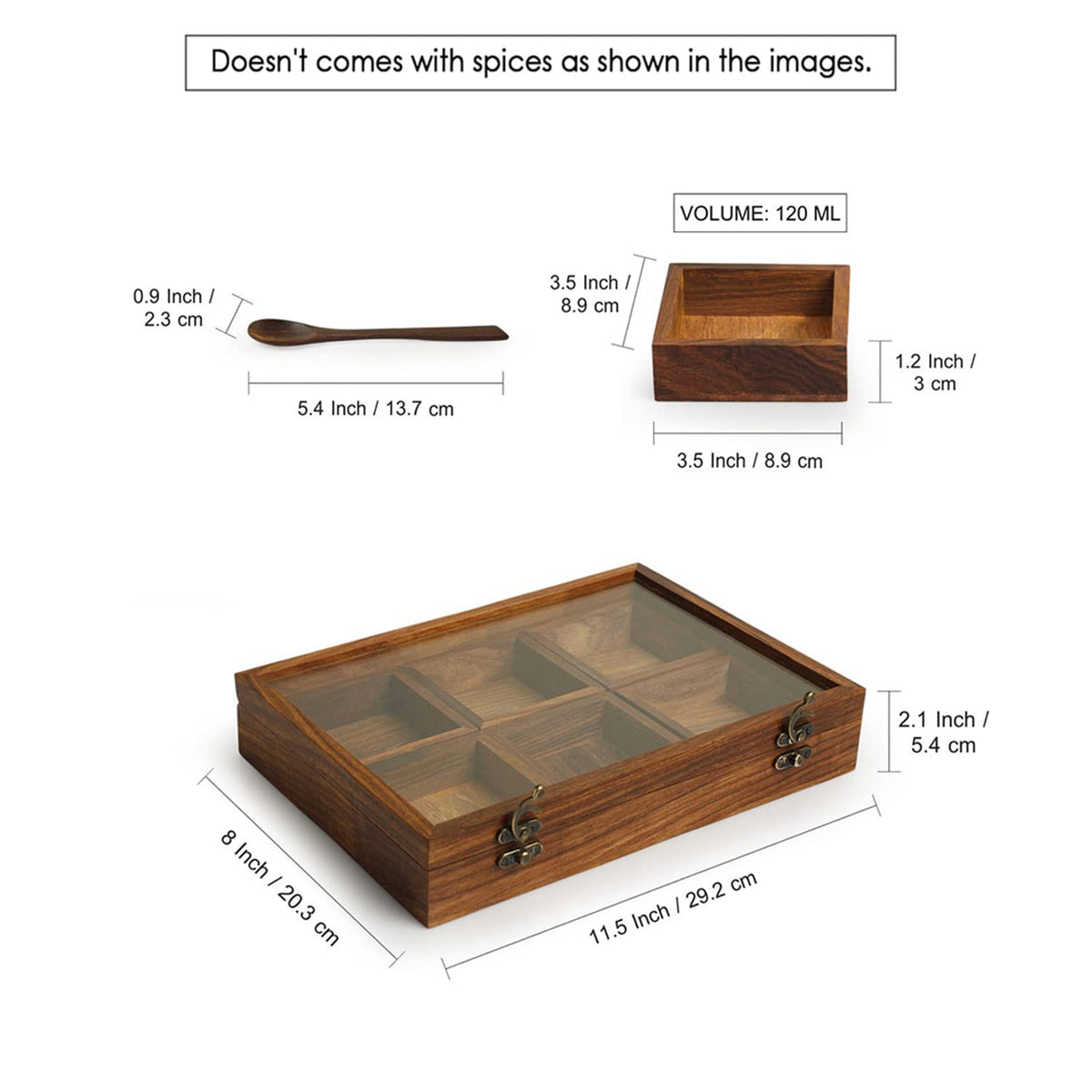 Sheesham Wooden 6 Spice Box for Kitchen with Spoon-ArtyCraftz.com