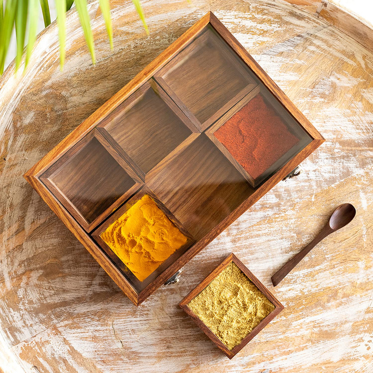 Sheesham Wooden 6 Spice Box for Kitchen with Spoon-ArtyCraftz.com