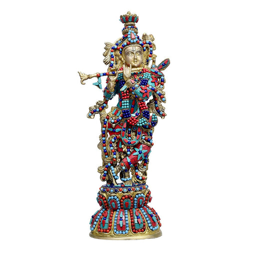 Brass Krishna Statue Multicolour Work /Showpiece Murlidhar Krishna for Home Decor Height 18.5 Inch - ArtyCraftz.com