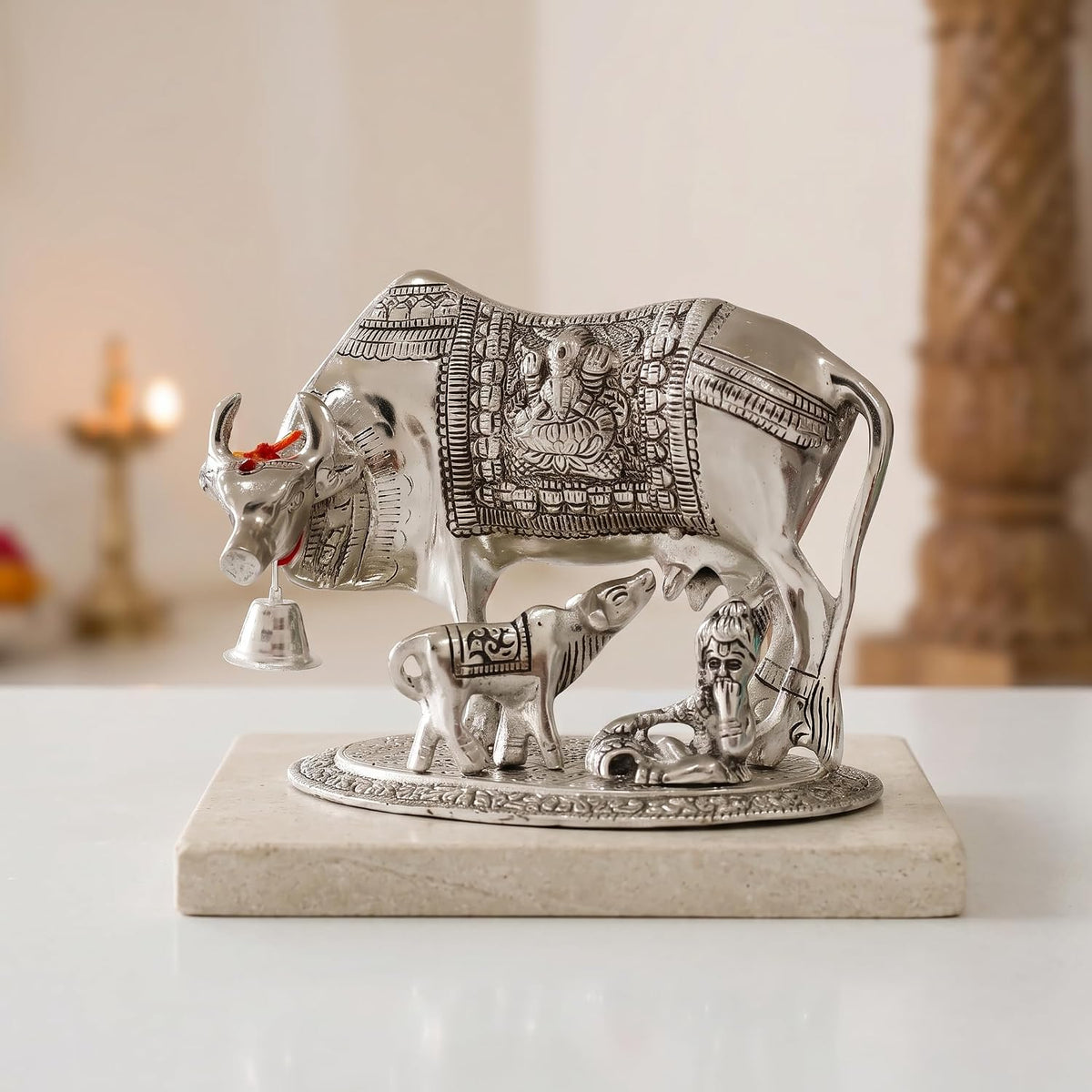 Silver oxidized ox with calf decorative metal showpiece-artycraftz.com