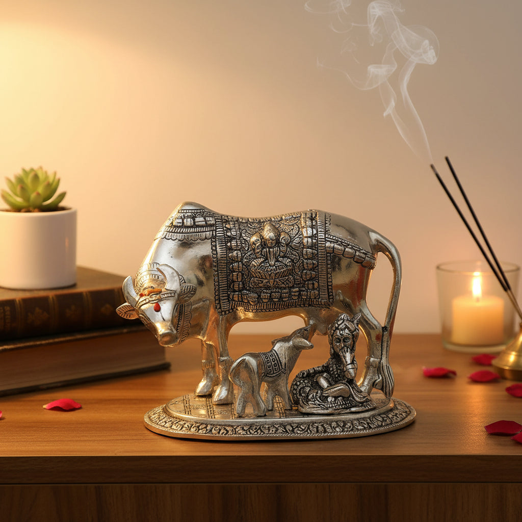 Silver oxidized ox with calf decorative metal showpiece-artycraftz.com