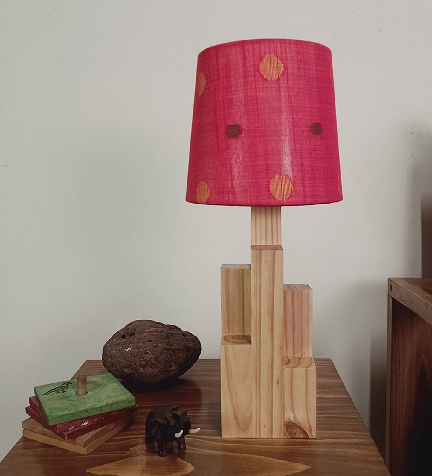 Skyline Beige Wooden Table Lamp with Red Printed Fabric Lampshade