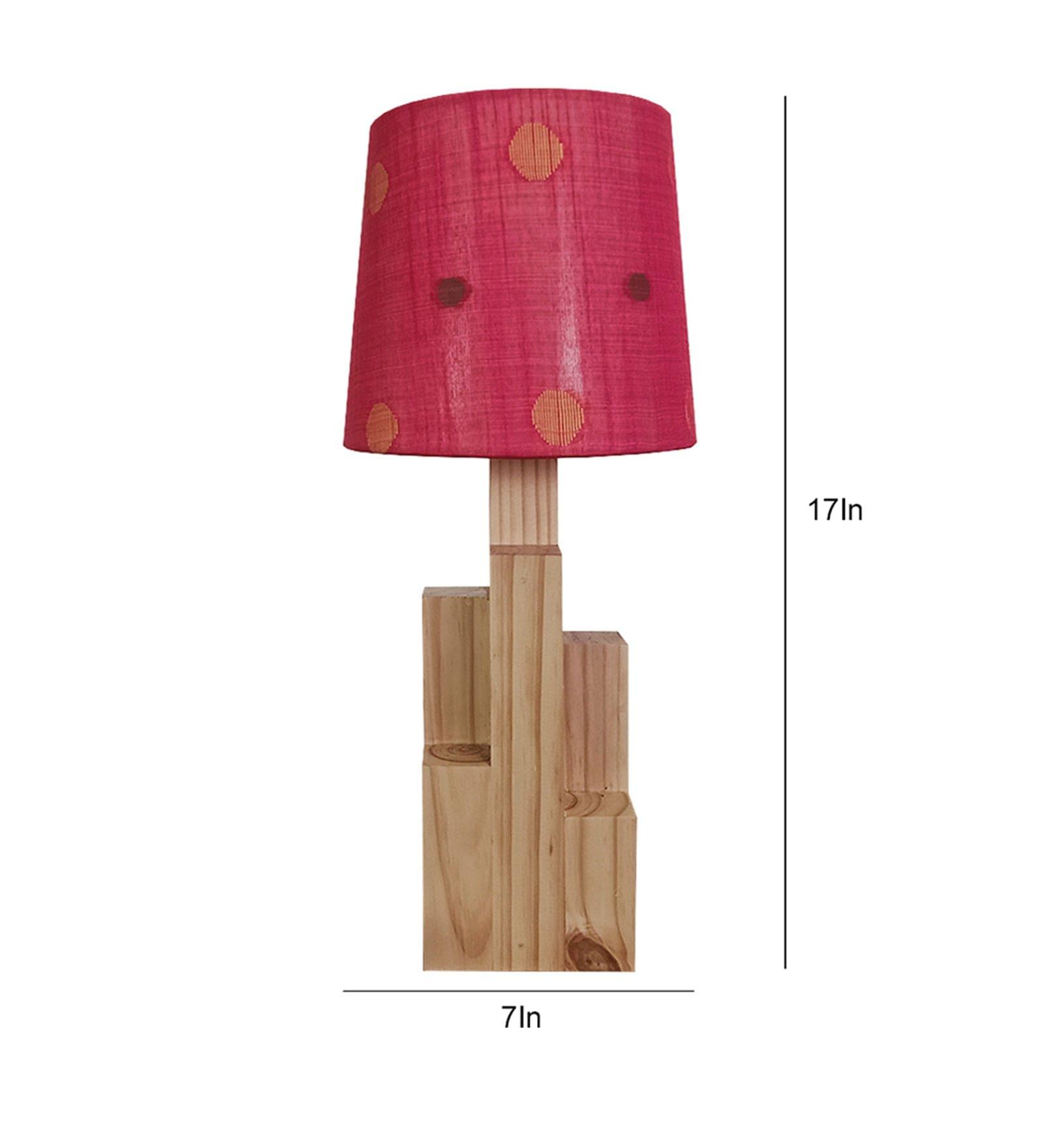 Skyline Beige Wooden Table Lamp with Red Printed Fabric Lampshade