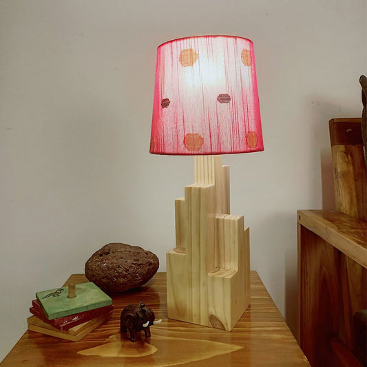 Skyline Beige Wooden Table Lamp with Red Printed Fabric Lampshade - ArtyCraftz.com