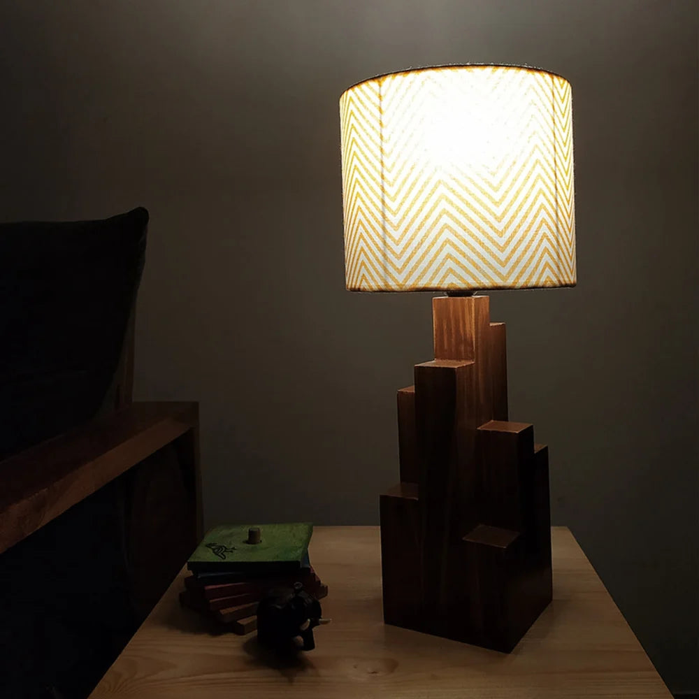 Skyline Brown Wooden Table Lamp with Yellow Printed Fabric Lampshade - ArtyCraftz.com