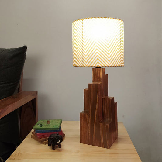 Skyline Brown Wooden Table Lamp with Yellow Printed Fabric Lampshade - ArtyCraftz.com