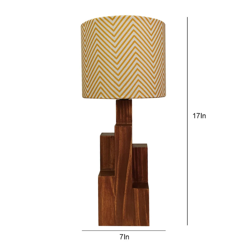 Skyline Brown Wooden Table Lamp with Yellow Printed Fabric Lampshade - ArtyCraftz.com