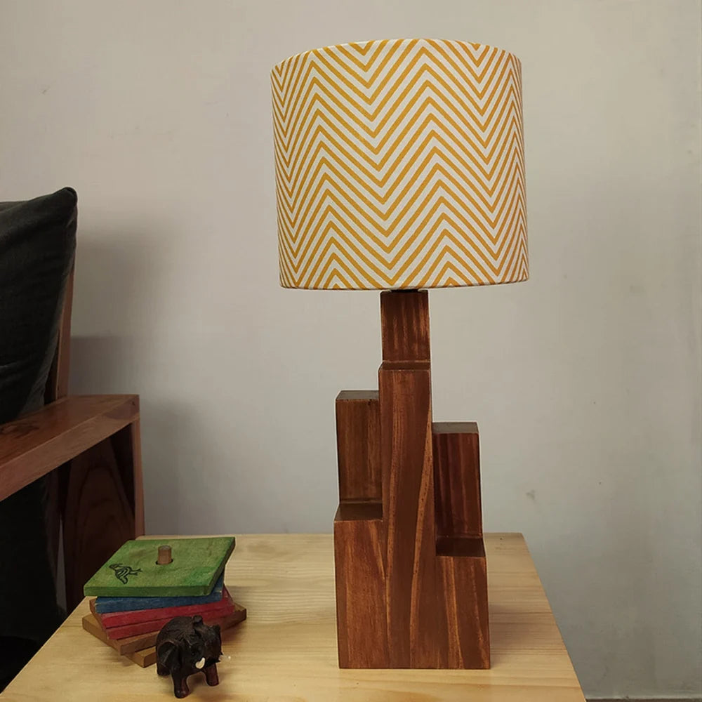 Skyline Brown Wooden Table Lamp with Yellow Printed Fabric Lampshade - ArtyCraftz.com