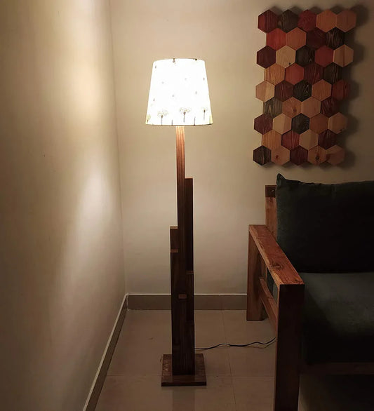 Skyline Wooden Floor Lamp with Brown Base and Yellow Fabric Lampshade - ArtyCraftz.com
