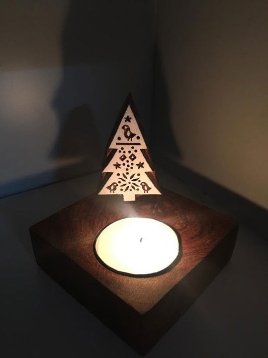 Small Christmas Tree Block Rosewood Tealight Candle Holder - ArtyCraftz.com