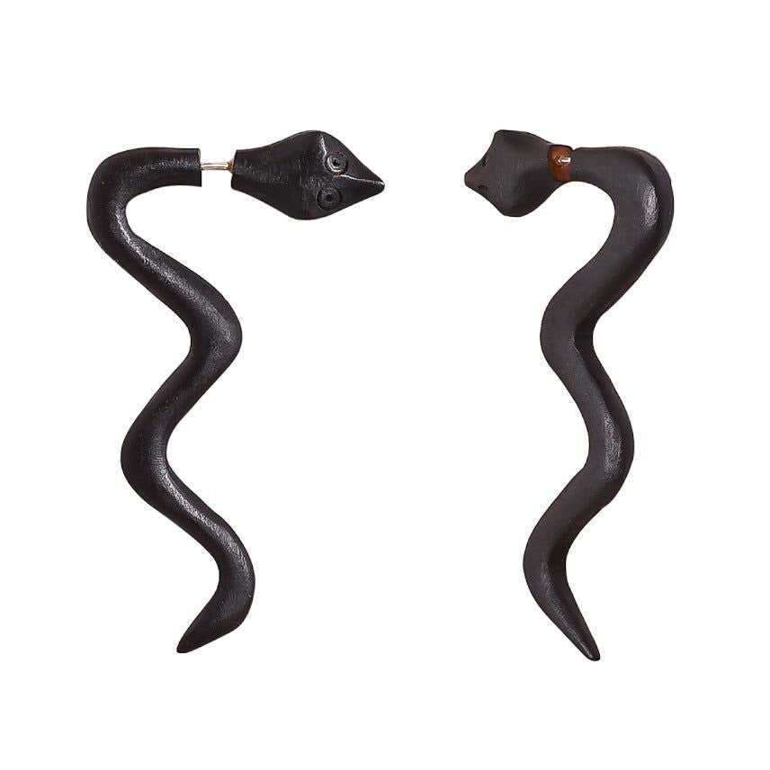 Snake Tribal Fake Gauge Black Wooden Earrings 2.5" - ArtyCraftz.com