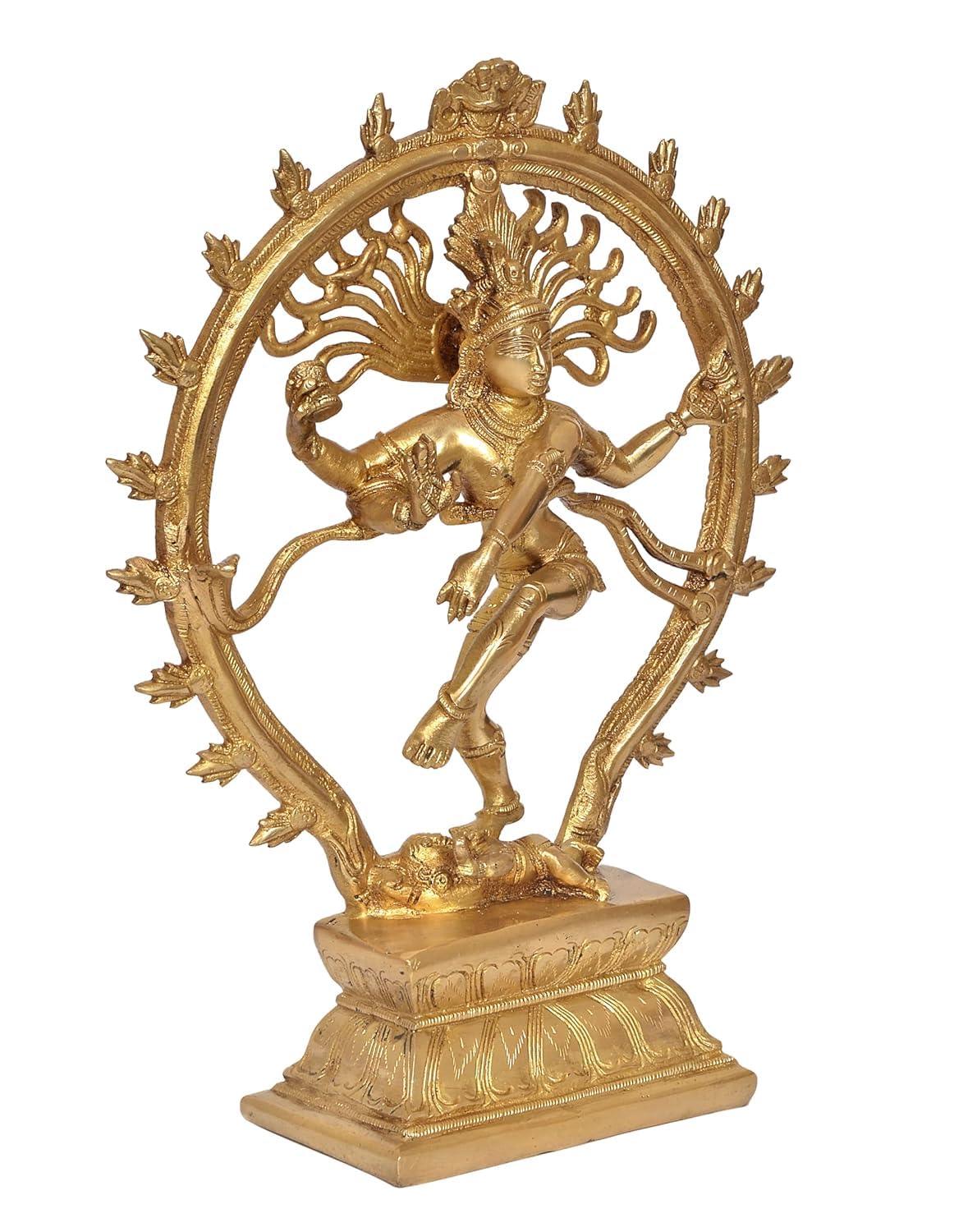 Solid Brass Nataraja Dancing Shiva Statue 33x25x7cm - Prabhamandala Ring Lotus Base Antique Gold-ArtyCraftz.com