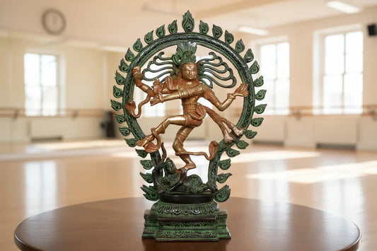 Solid Brass Nataraja Dancing Shiva Statue 33x25x7cm - Prabhamandala Ring Lotus Base Green Gold-ArtyCraftz.com