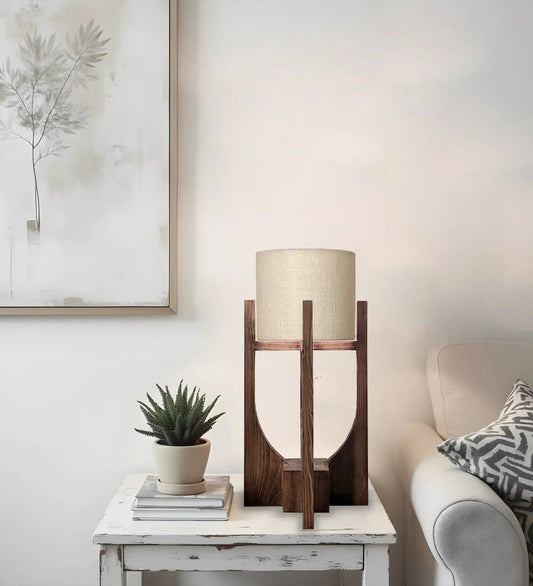 Solitaire Wooden Table Lamp with Brown Base and Premium White Fabric Lampshade