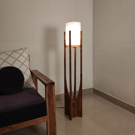 Solitaire Wooden Floor Lamp with White Fabric Lampshade - ArtyCraftz.com