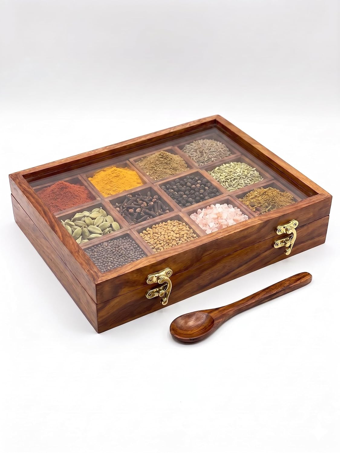 Spice Box Sheesham Wood Masala Box with Transparent Lid 12 Compartments - ArtyCraftz.com
