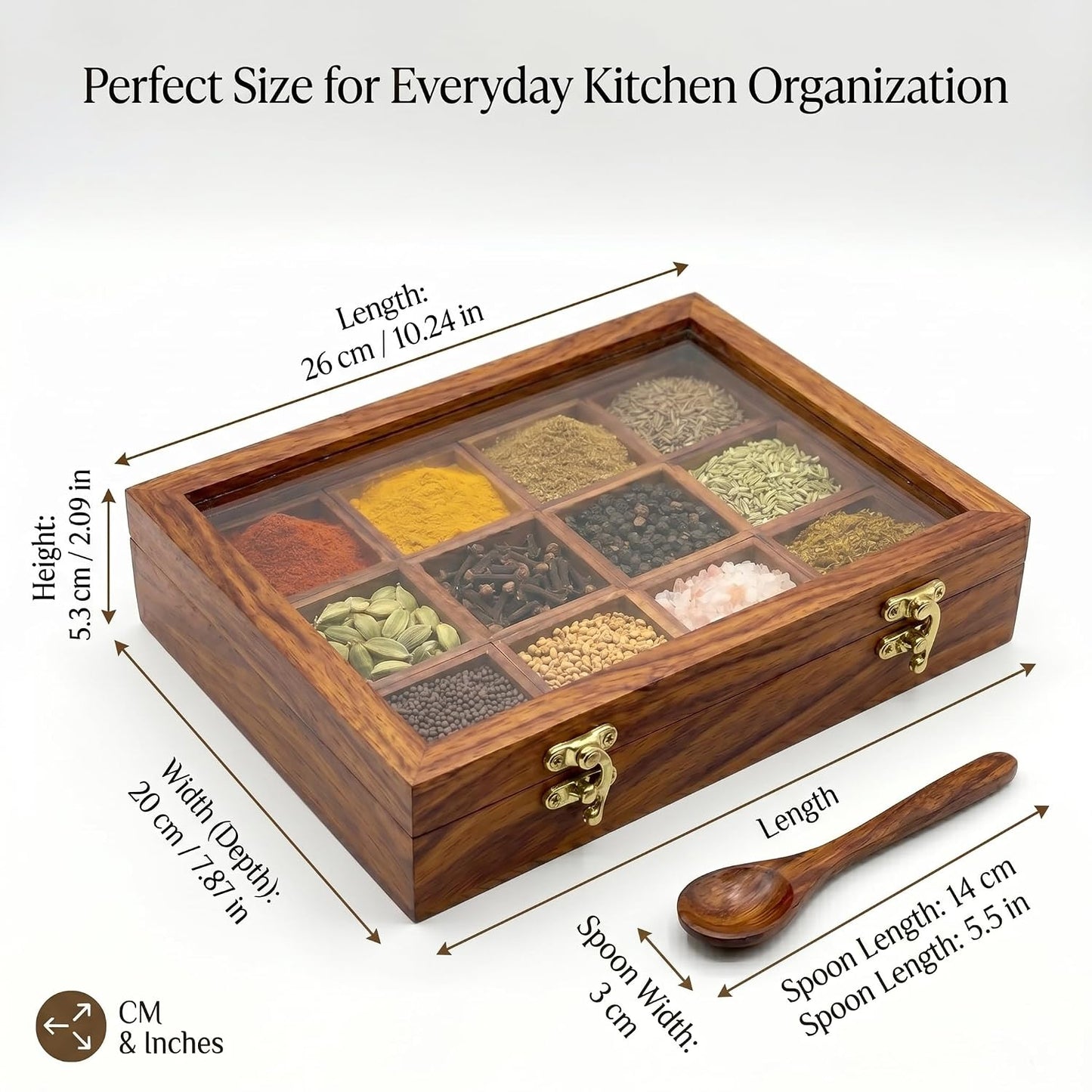 Spice Box Sheesham Wood Masala Box with Transparent Lid 12 Compartments - ArtyCraftz.com