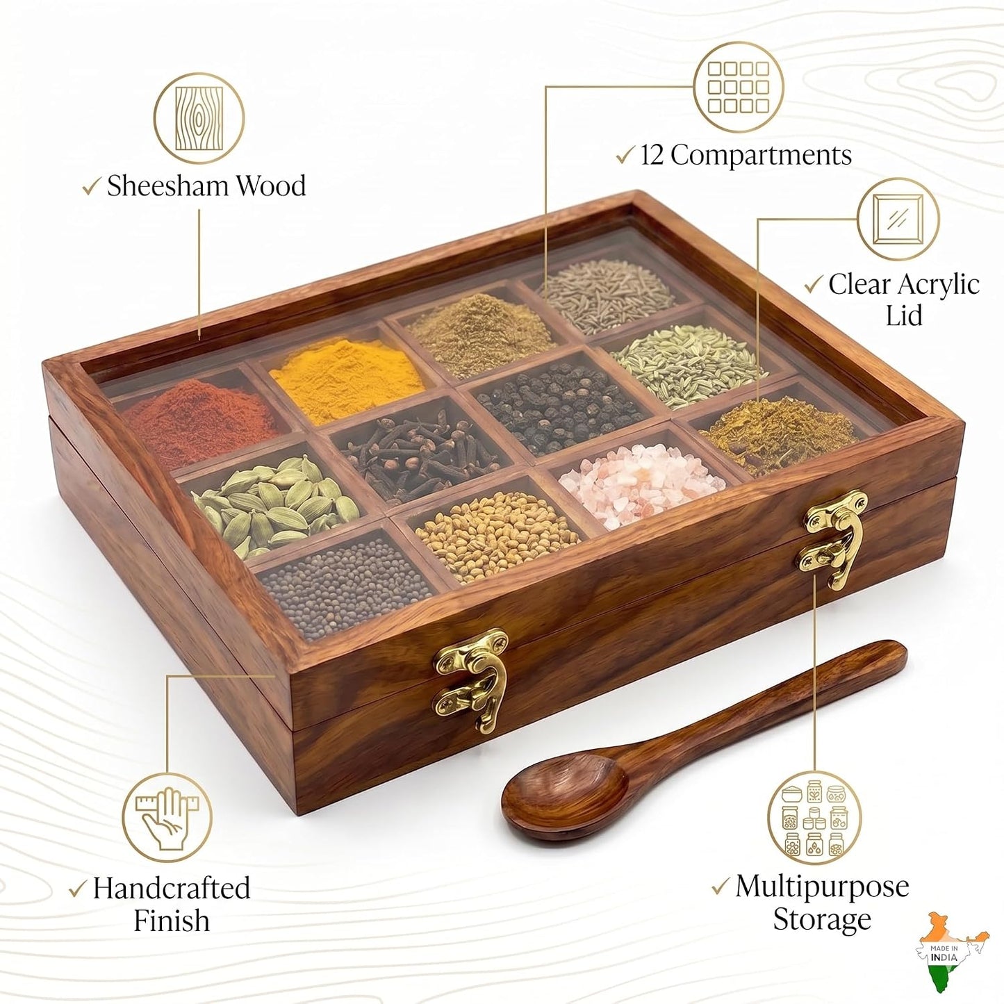 Spice Box Sheesham Wood Masala Box with Transparent Lid 12 Compartments - ArtyCraftz.com