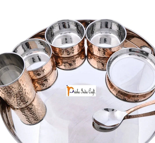 Stainless Steel Copper Dinner Thali Set, Traditional Dinnerware, 7 Pieces - ArtyCraftz.com