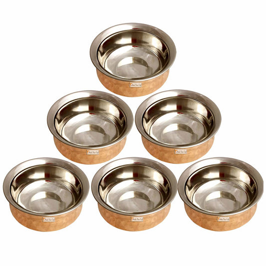 Steel Copper Handi Bowl, for Serving Dishes, Tableware, 250 ML, Set of 6 - ArtyCraftz.com