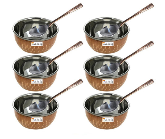 Steel Copper Serving Bowl with Spoon Set, Hammered Design, Capacity 150 ML, Set of 6 - ArtyCraftz.com