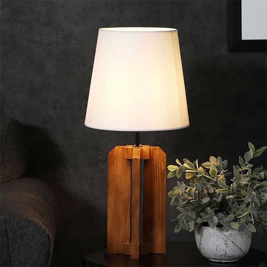 Stella Brown Wooden Table Lamp with White Fabric Lampshade - ArtyCraftz.com