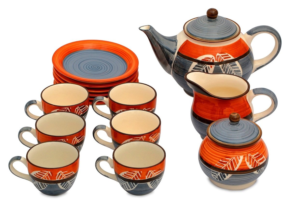 Studio Pottery Ceramic Tea Set with 6 Cups, Saucers, Teapot, Milk Pot & Sugar Pot-ArtyCraftz.com