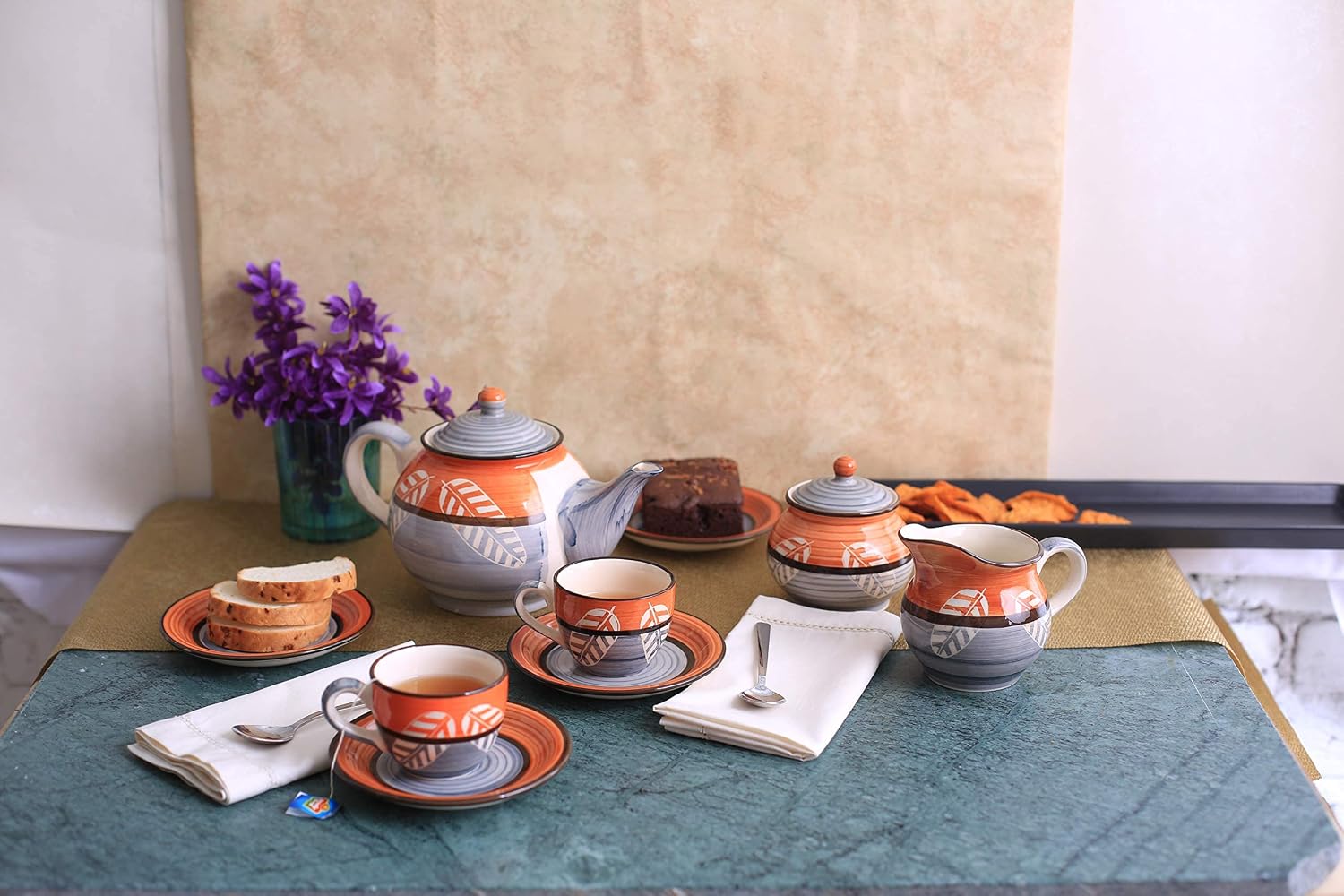 Studio Pottery Ceramic Tea Set with 6 Cups, Saucers, Teapot, Milk Pot & Sugar Pot-ArtyCraftz.com