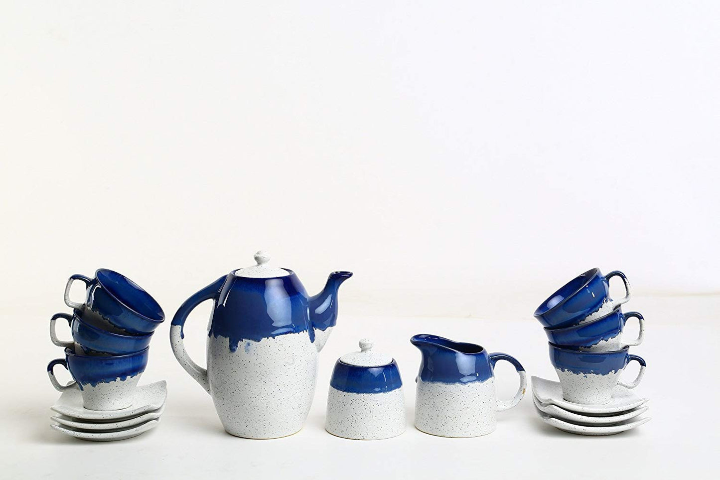 Studio Pottery Ceramic Tea Set with 6 Cups, Saucers, Teapot, Milk Pot &amp; Sugar Pot-ArtyCraftz.com