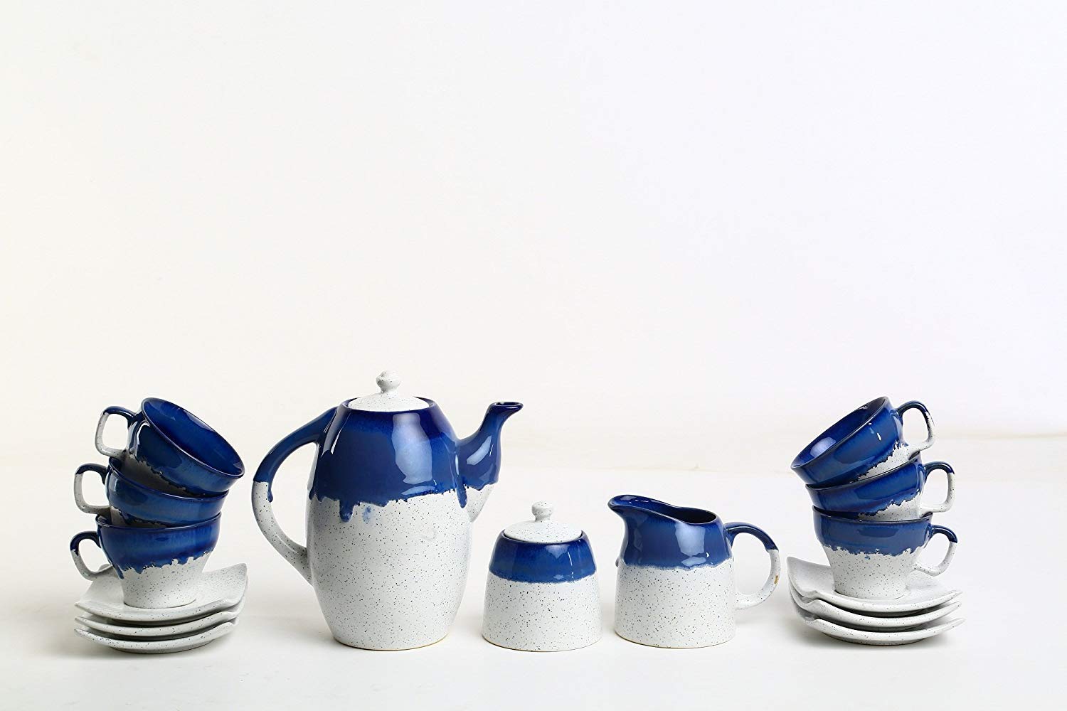 Studio Pottery Ceramic Tea Set with 6 Cups, Saucers, Teapot, Milk Pot &amp; Sugar Pot-ArtyCraftz.com