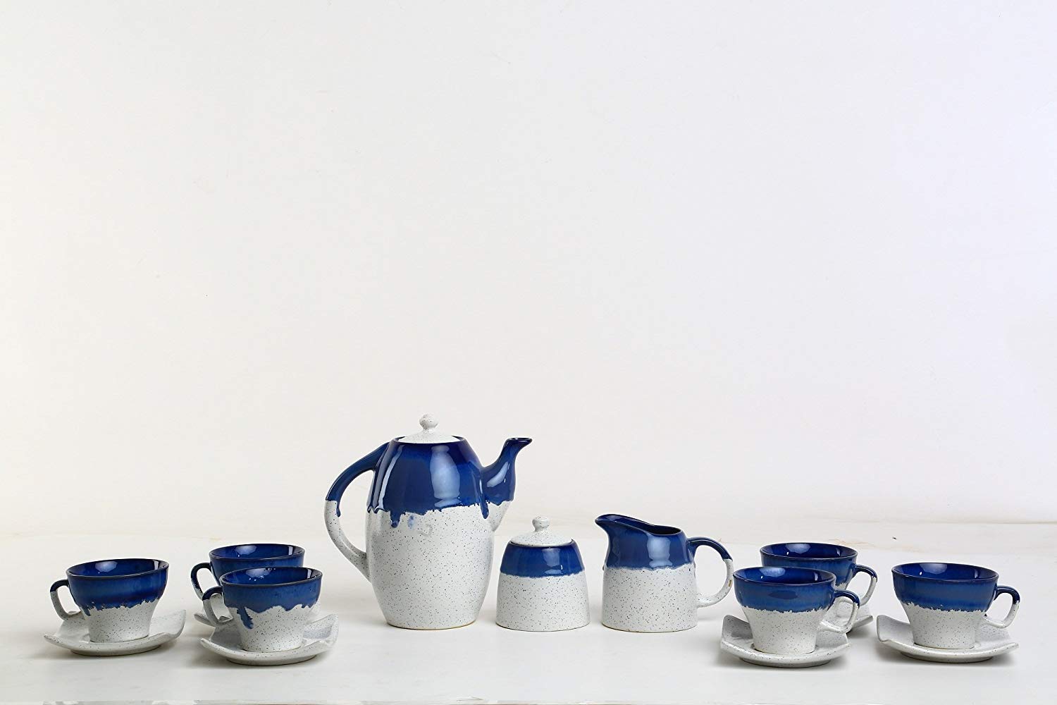 Studio Pottery Ceramic Tea Set with 6 Cups, Saucers, Teapot, Milk Pot &amp; Sugar Pot-ArtyCraftz.com