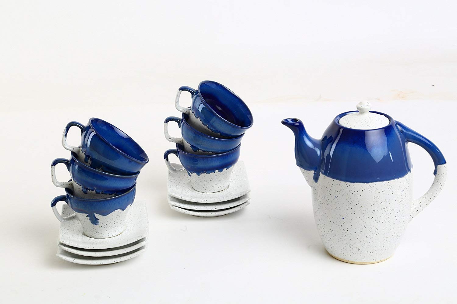 Studio Pottery Ceramic Tea Set with 6 Cups, Saucers, Teapot, Milk Pot &amp; Sugar Pot-ArtyCraftz.com