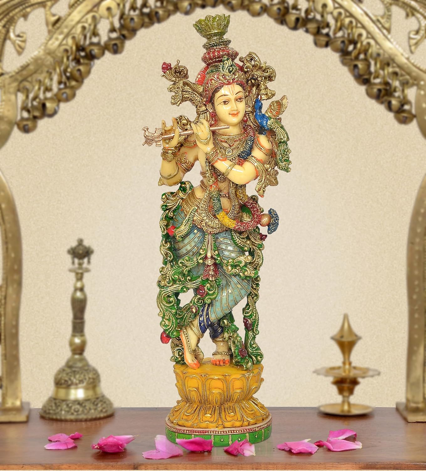 Stunning 14-Inch Multicolor Krishna with Flute on Lotus Base Statue-ArtyCraftz.com