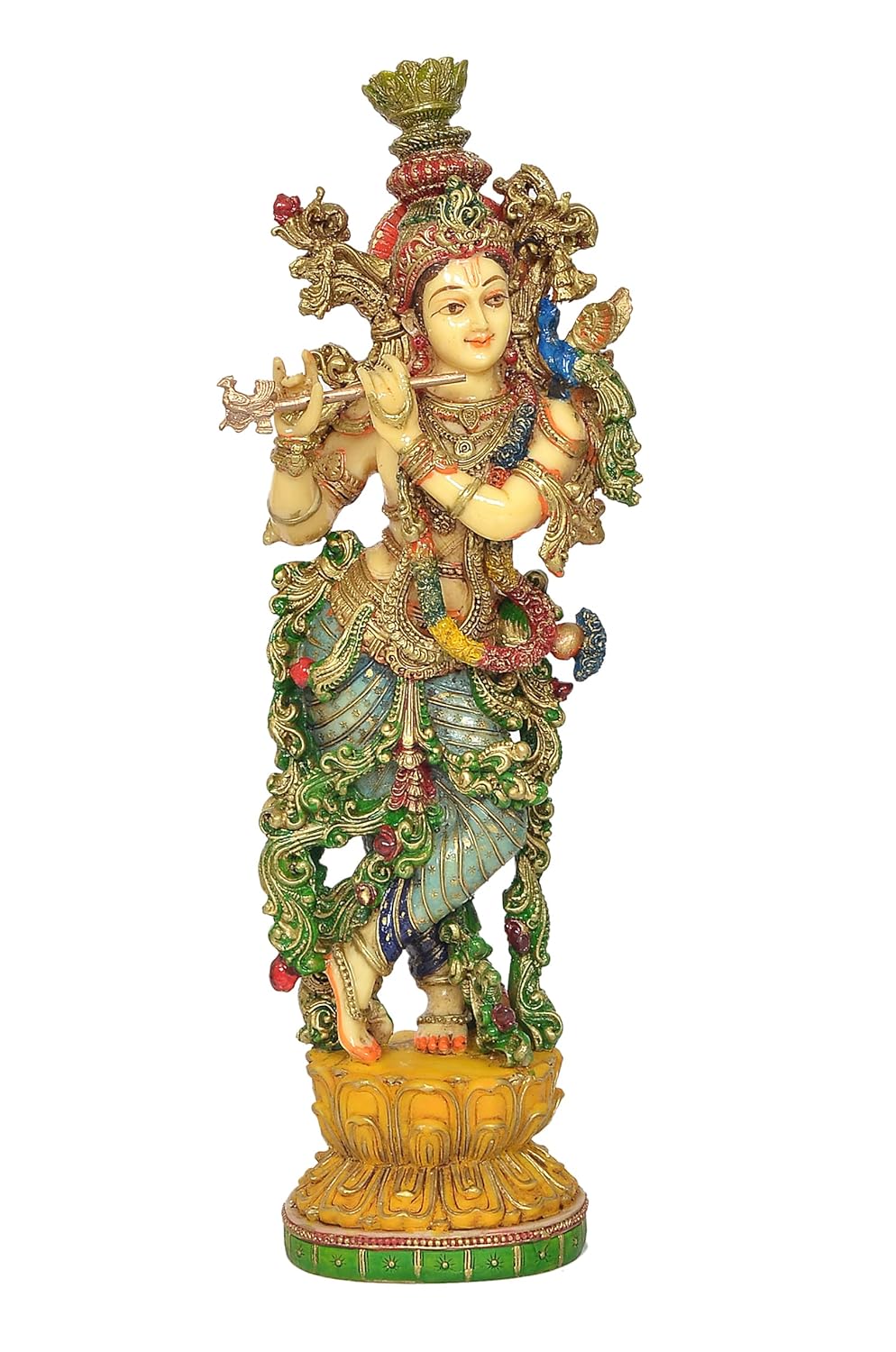 Stunning 14-Inch Multicolor Krishna with Flute on Lotus Base Statue-ArtyCraftz.com