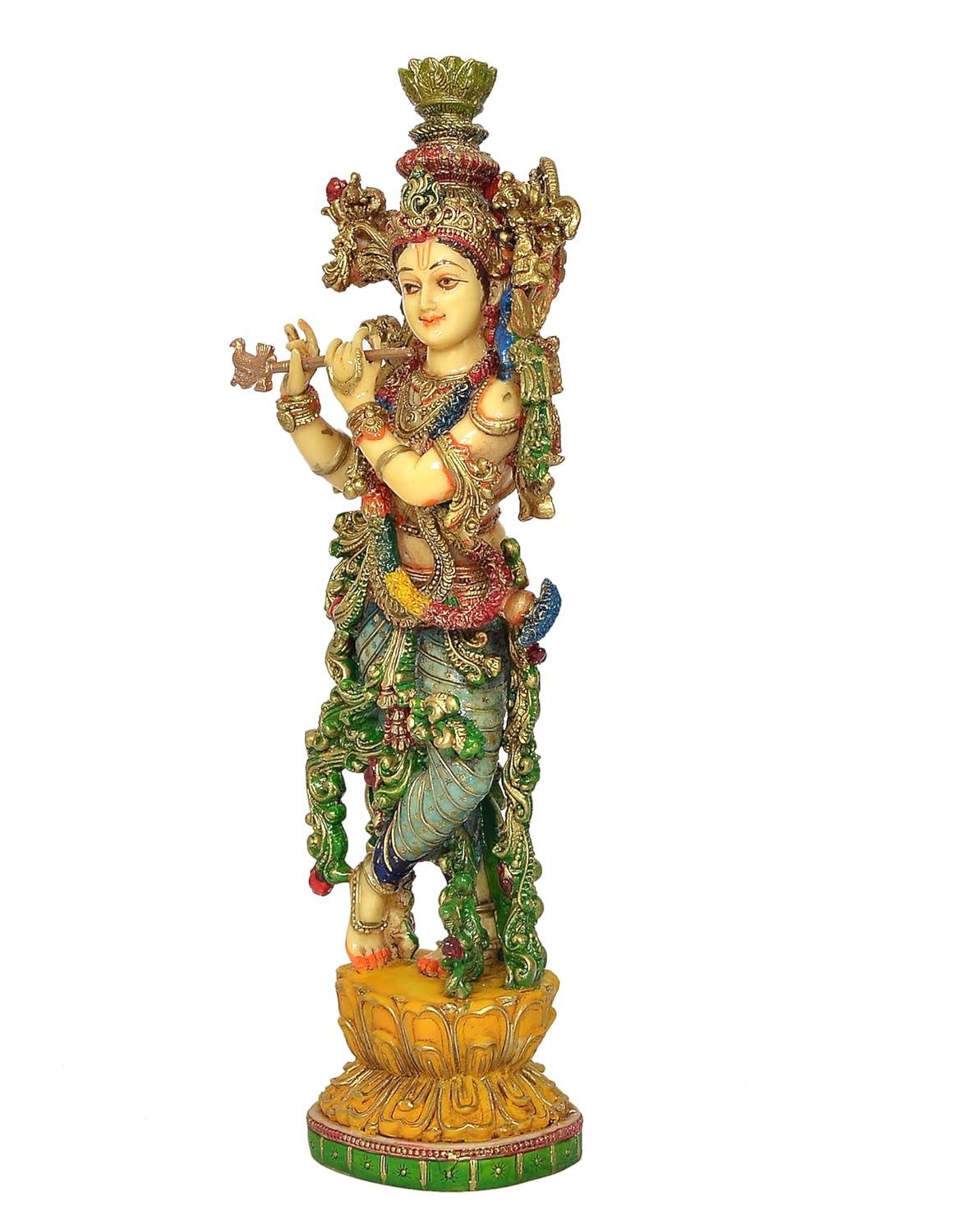 Stunning 14-Inch Multicolor Krishna with Flute on Lotus Base Statue-ArtyCraftz.com