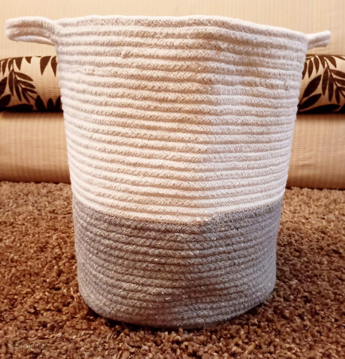Stylish Grey & White Eco-Friendly Jute and Cotton Laundry Basket-ArtyCraftz.com