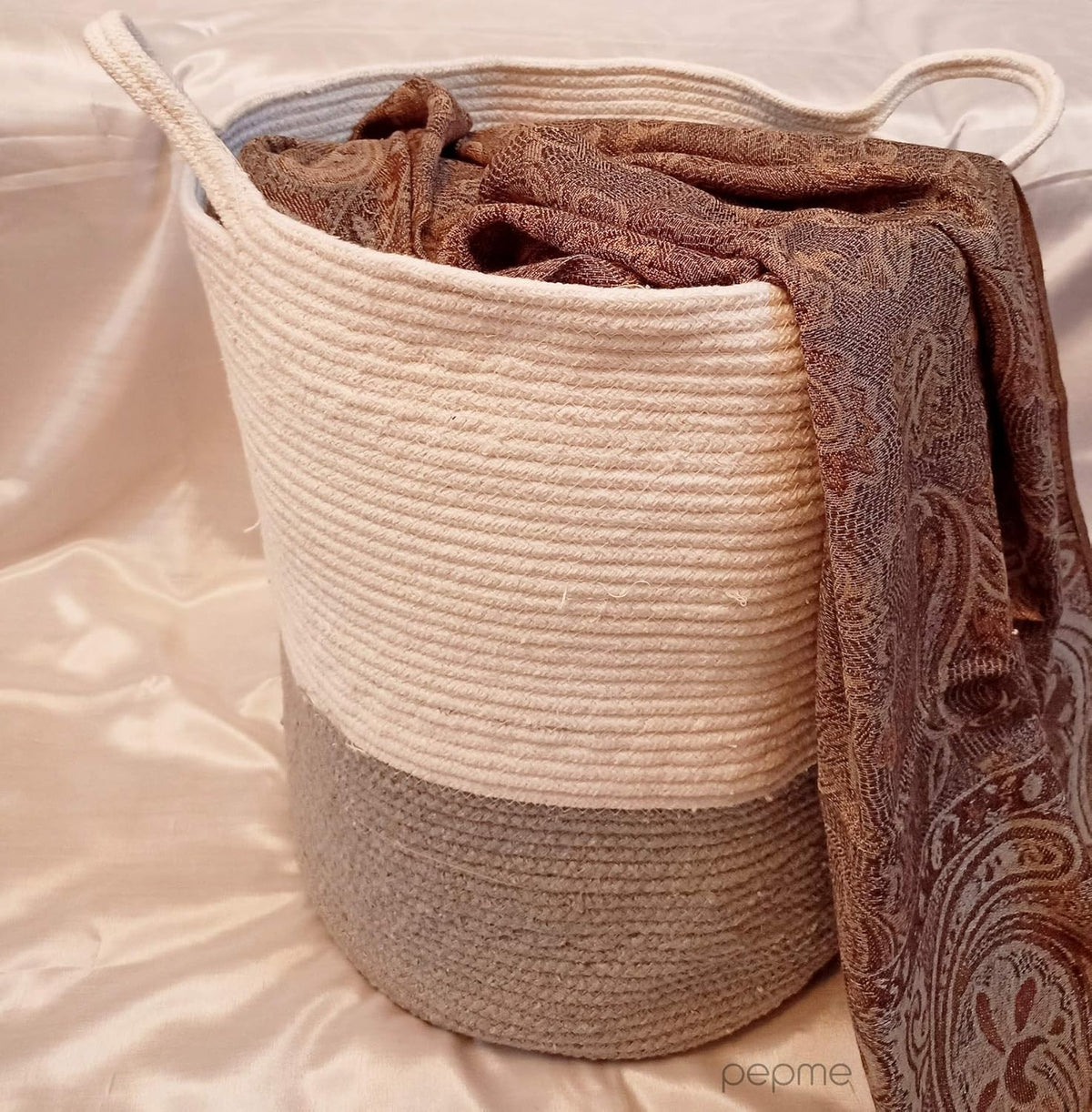 Stylish Grey & White Eco-Friendly Jute and Cotton Laundry Basket-ArtyCraftz.com