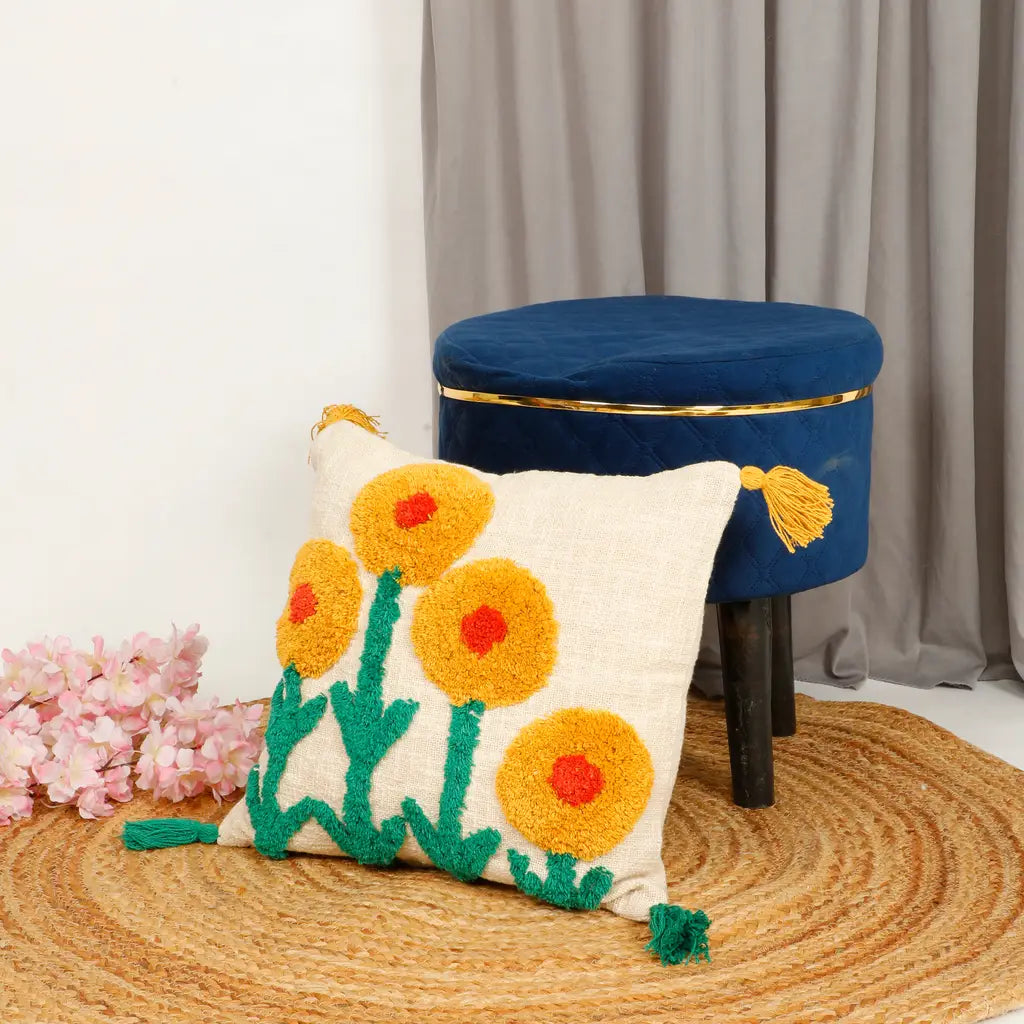 Sunny Boho Slub Tufted Cushion Cover with 3D Flowers & Playful Tassels-ArtyCraftz.com