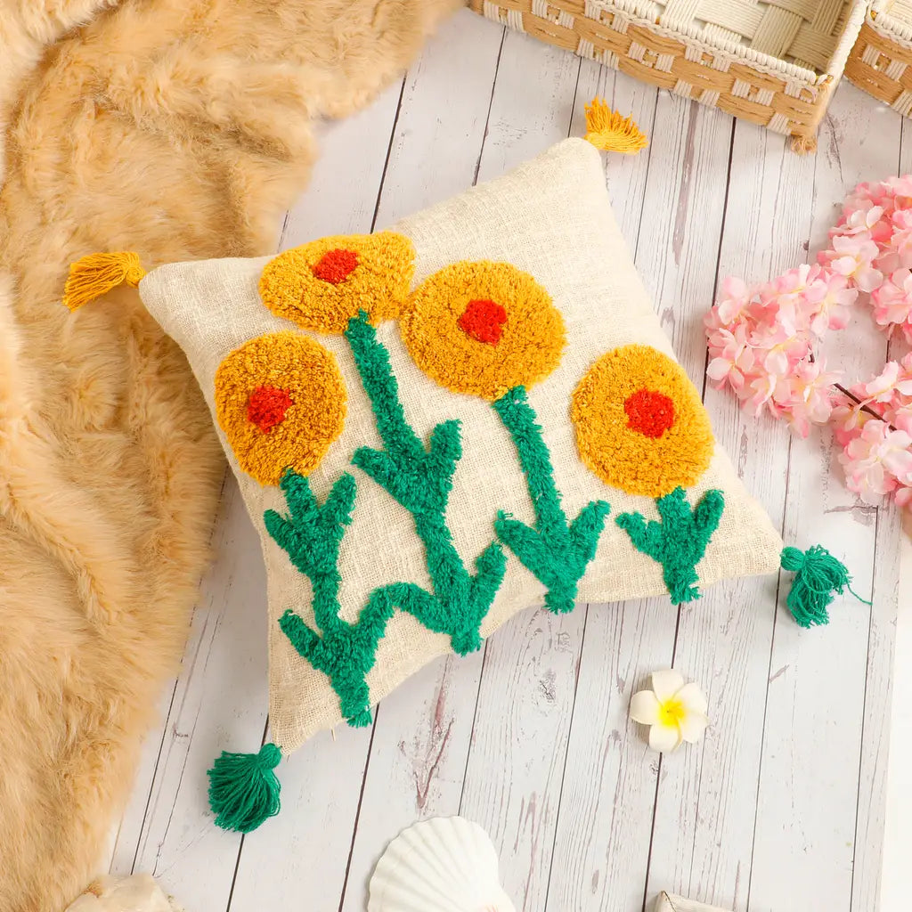 Sunny Boho Slub Tufted Cushion Cover with 3D Flowers & Playful Tassels-ArtyCraftz.com