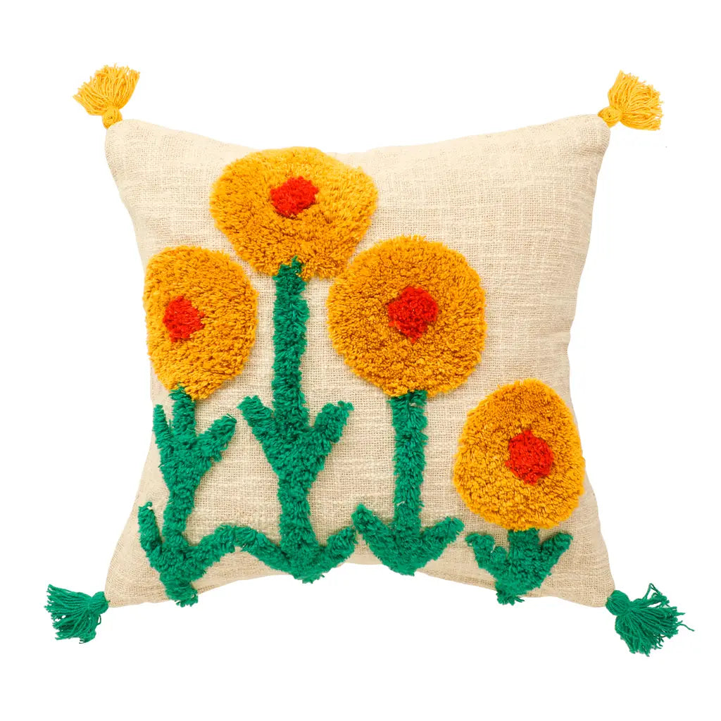 Sunny Boho Slub Tufted Cushion Cover with 3D Flowers & Playful Tassels-ArtyCraftz.com